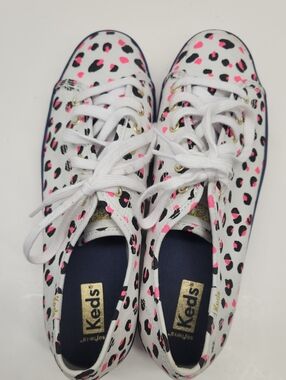 Keds White Sneakers with Pink & Black Leopard Spots Size 8.5 NARROW WIDTH